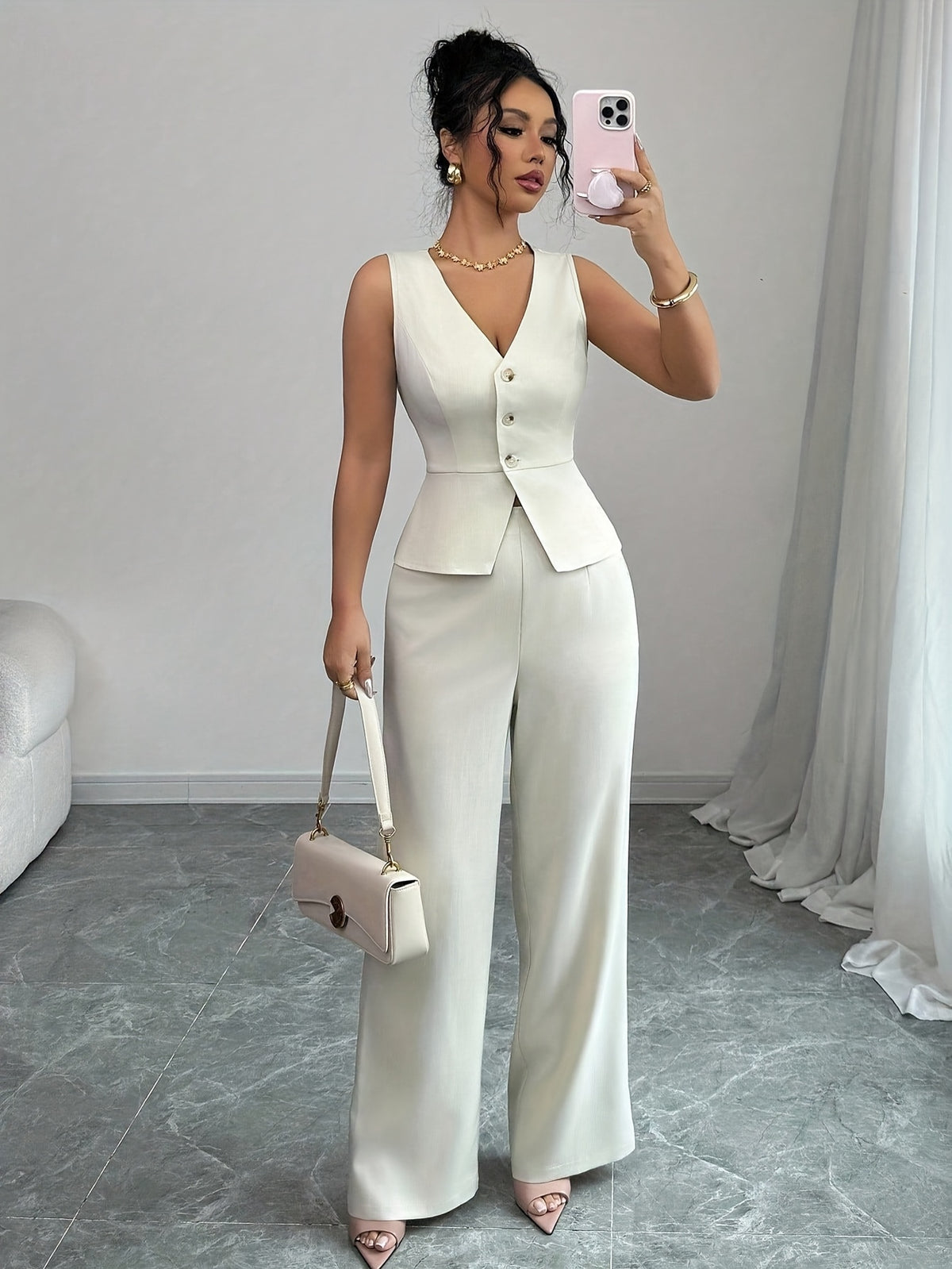 Conjunto Feminino 2 Peças Colete e Calça Pantalona Elegante