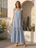 Vestido Longo Feminino de Alça com Decote Quadrado e Saia em Camadas