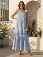 Vestido Longo Feminino de Alça com Decote Quadrado e Saia em Camadas