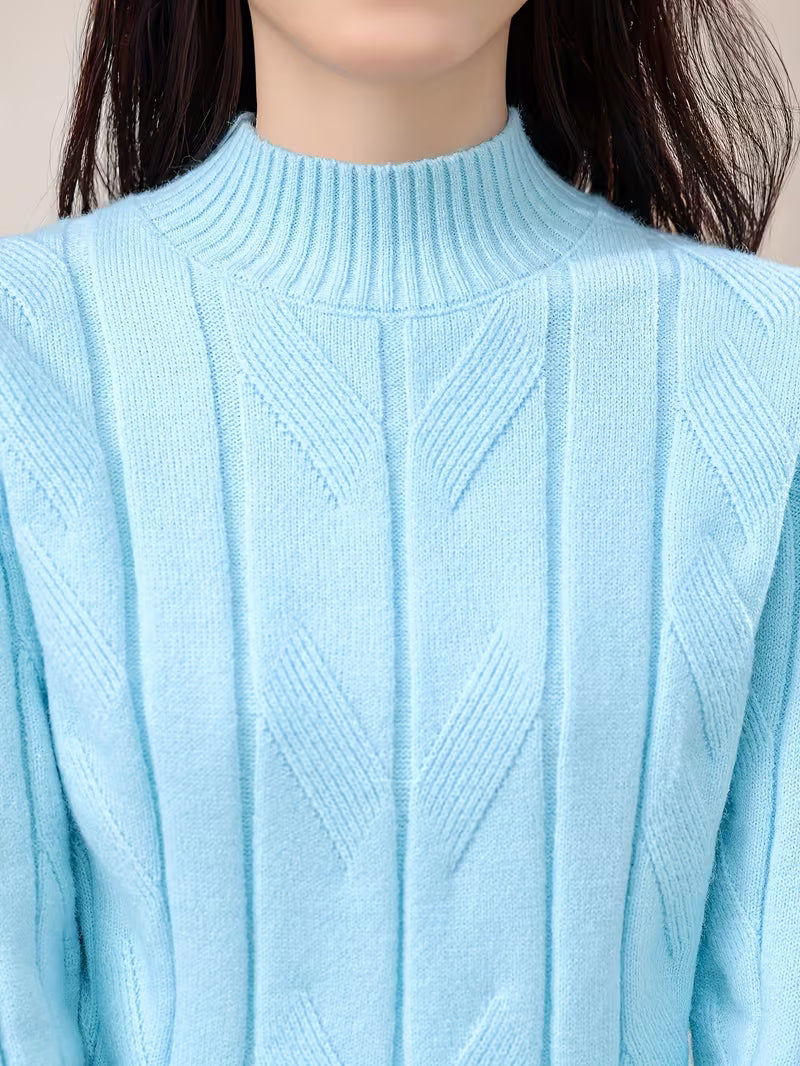 Suéter Feminino Gola Alta de Malha Canelada Manga Longa Elegante
