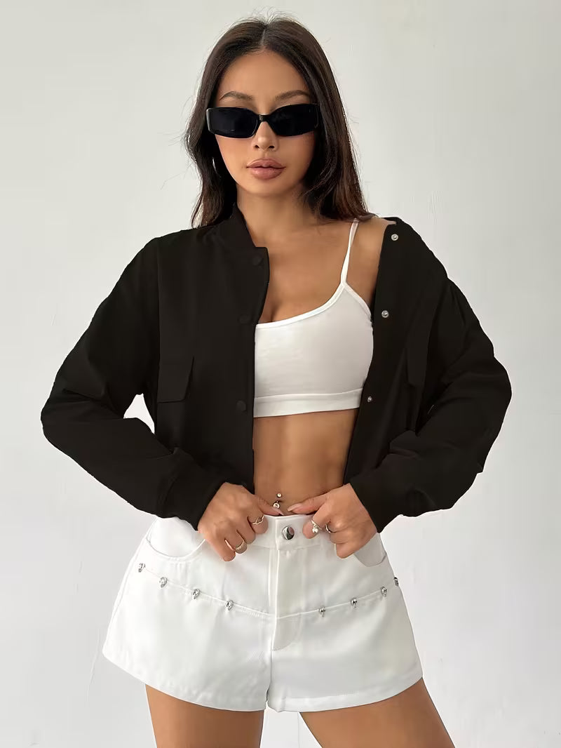 Jaqueta Feminina Cropped com Gola Estilo Bomber Casual