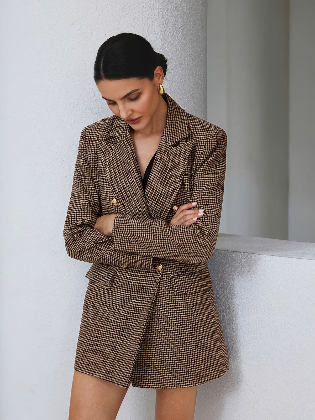Blazer Feminino Xadrez com Abotoadura Dupla Elegante