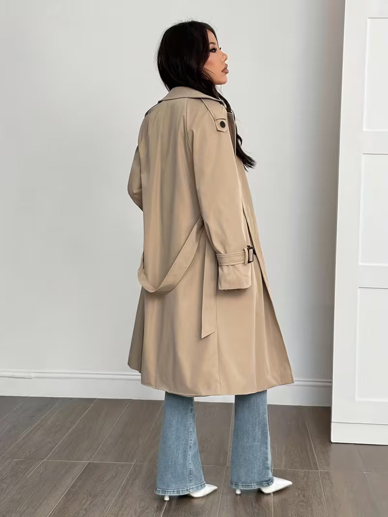 Casaco Trench Feminino Longo Dupla Abotoadura Elegante Inverno