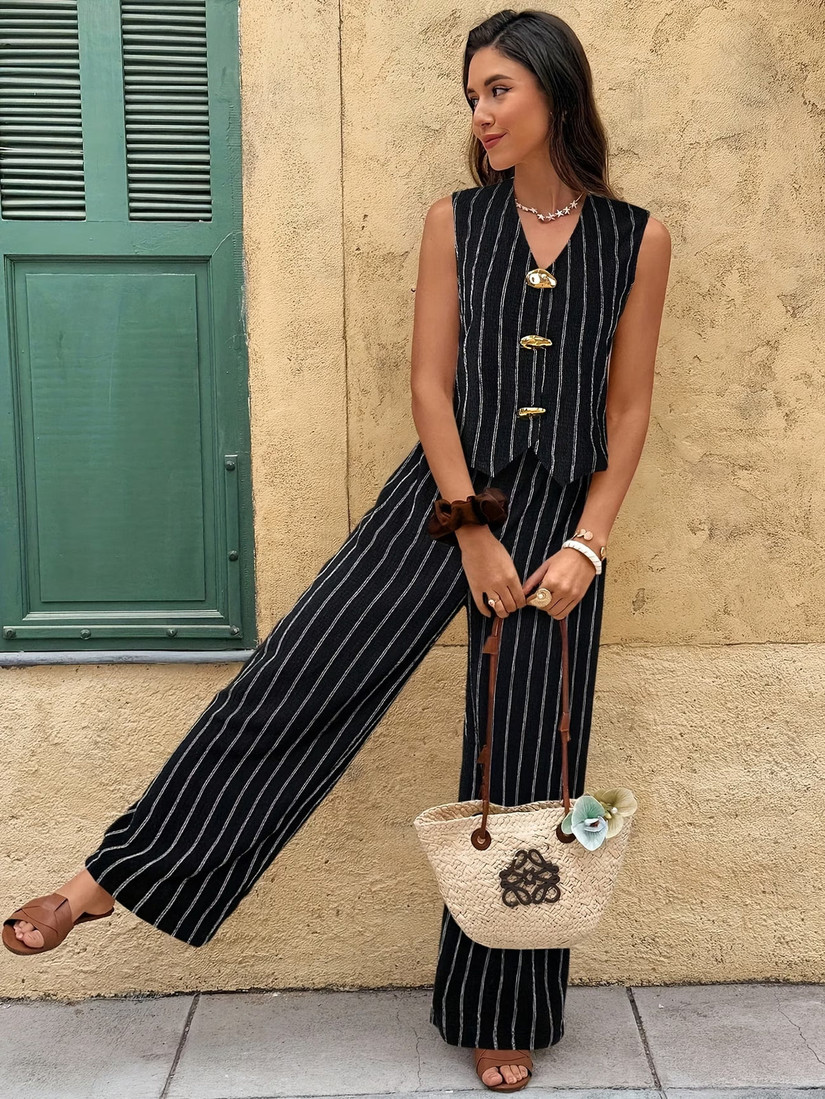 Conjunto Feminino 2 Peças Colete e Calça às Riscas
