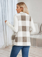 Colete Feminino Xadrez de Pelúcia com Bolsos Casual e Quentinho para o Inverno