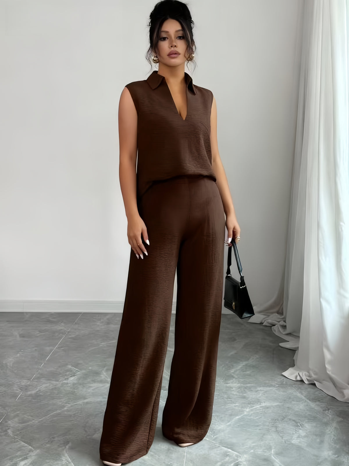 Conjunto Feminino 2 Peças em Tecido Texturizado com Calça Pantalona