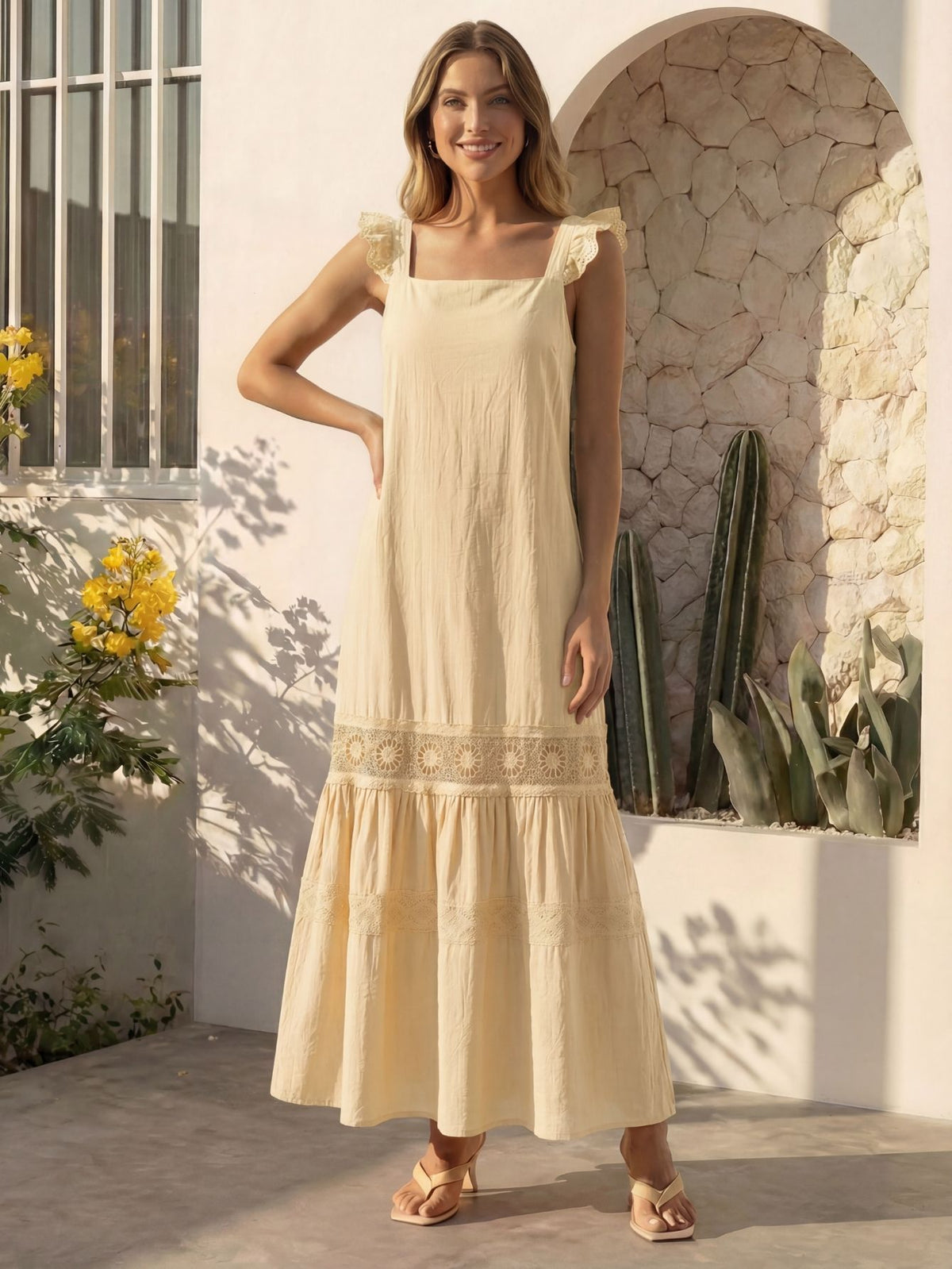 Vestido Longo Feminino de Alça com Decote Quadrado e Saia em Camadas