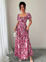 Vestido Longo Floral Manga Puff Elegante Feminino