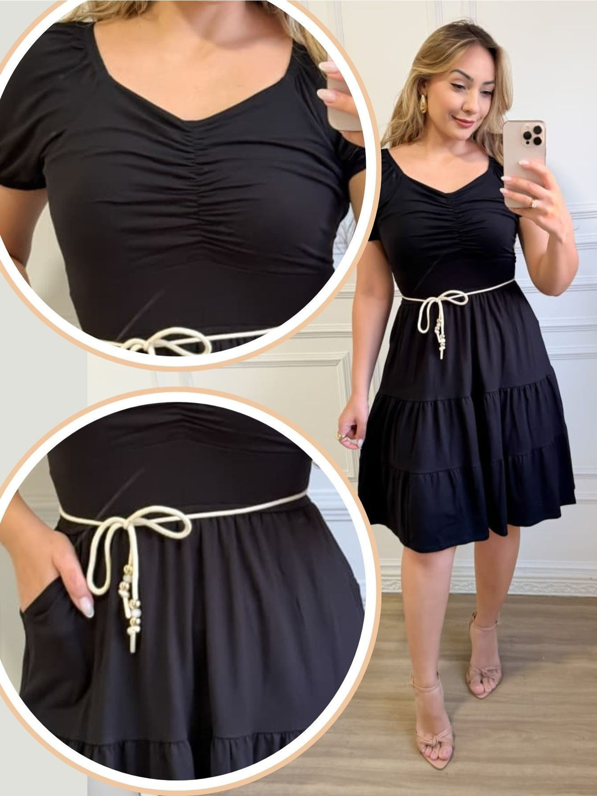 Vestido Feminino Solto de Gola V com Bolsos e Cinto