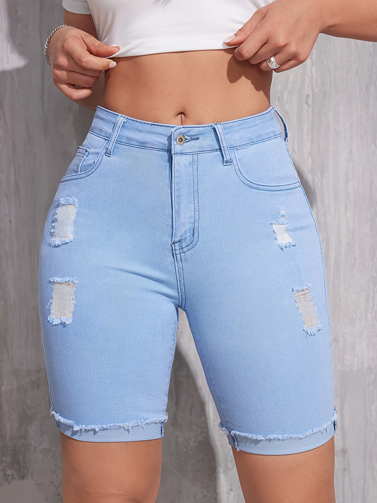 Bermuda Jeans Feminina Cintura Alta Destroyed Rasgada