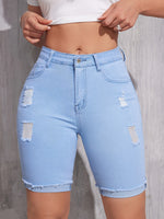 Bermuda Jeans Feminina Cintura Alta Destroyed Rasgada