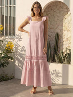 Vestido Longo Feminino de Alça com Decote Quadrado e Saia em Camadas