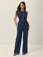 Conjunto Feminino 2 Peças em Jeans com Blusa Estruturada e Calça Reta