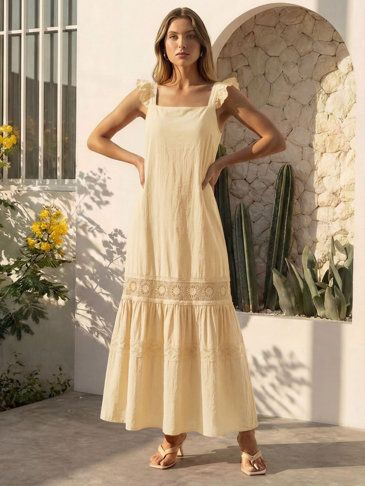 Vestido Longo Feminino de Alça com Decote Quadrado e Saia em Camadas