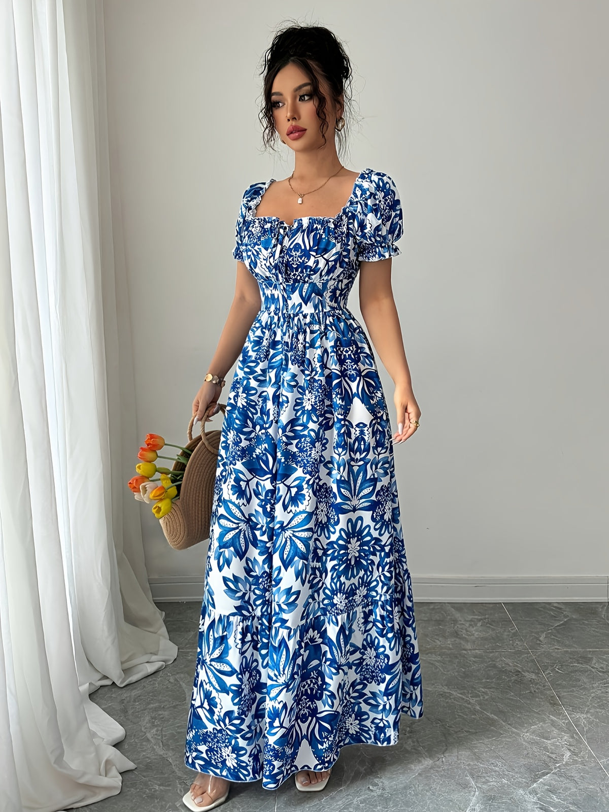 Vestido Longo Floral Manga Puff Elegante Feminino