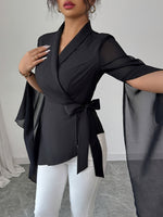 Blusa Feminina Chiffon Assimétrica Transpassada Manga Ampla Elegante