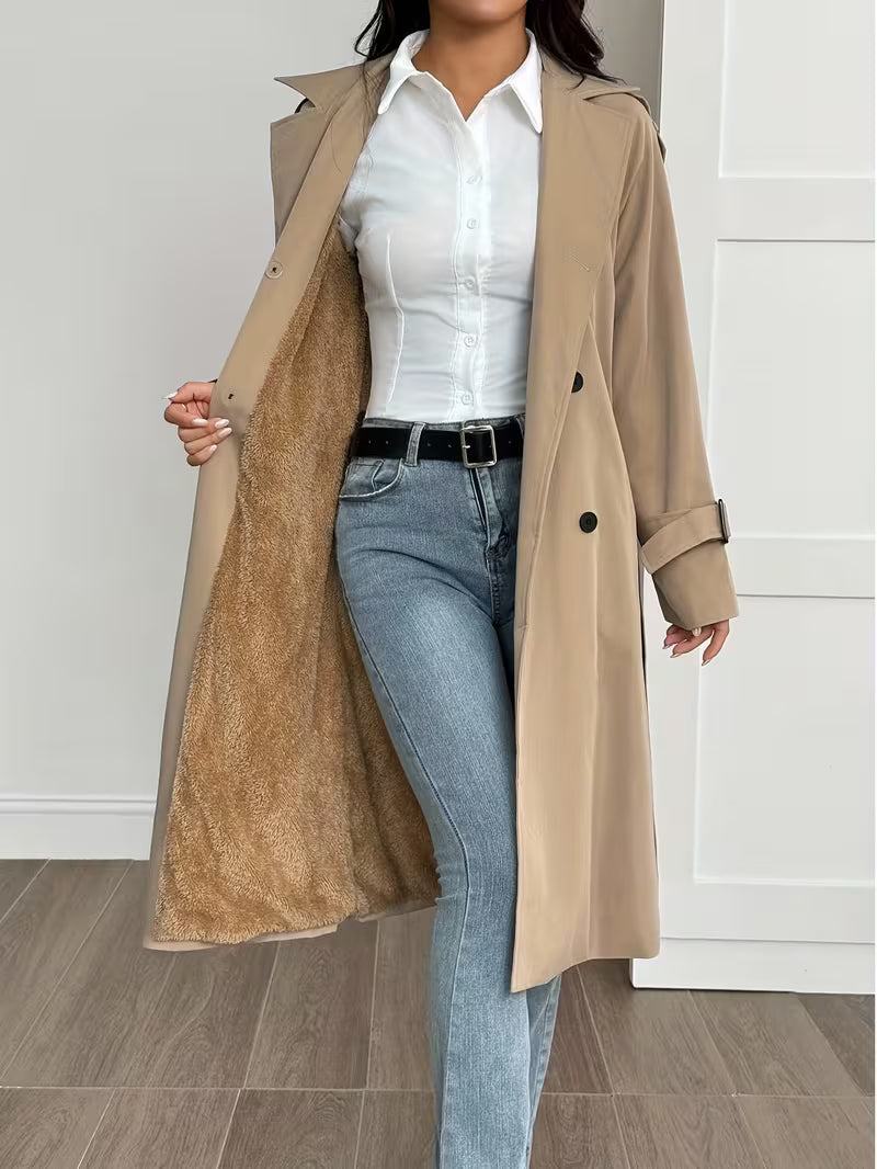 Casaco Trench Feminino Longo Dupla Abotoadura Elegante Inverno