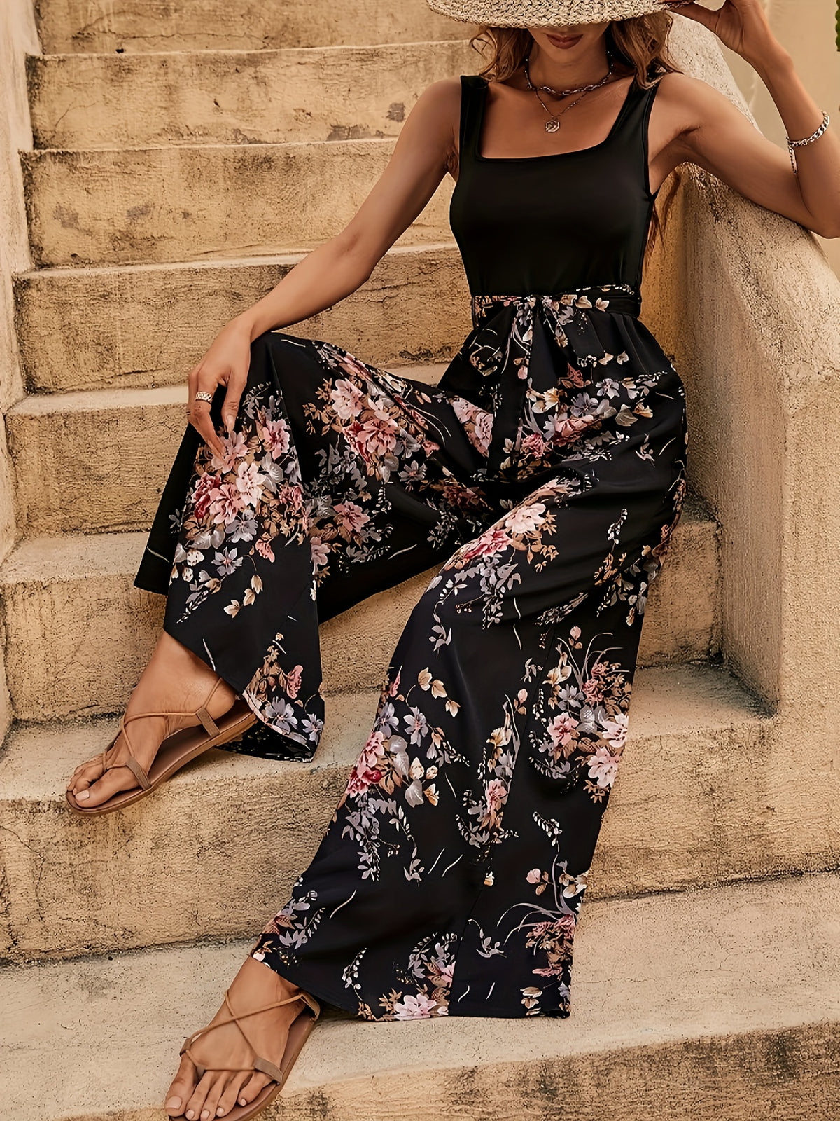 Macacão Feminino Floral Cintura Alta Elegante