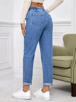 Calça Jeans Feminina Cintura Elástica com Barra Dobrada Azul