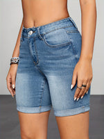 Bermuda Jeans Feminina Azul com Barra Dobrada e Alta Elasticidade