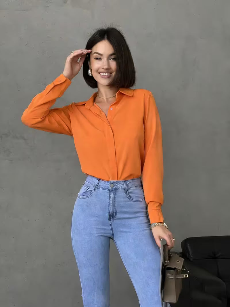 Camisa Feminina Manga Longa Gola Colarinho Lisa