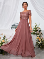 Vestido Chiffon Floral Bordado com Saia Flutuante para Festa