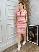 Vestido Midi Listrado com Gola Polo Elegante Feminino