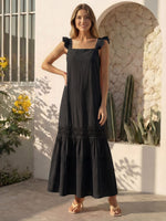 Vestido Longo Feminino de Alça com Decote Quadrado e Saia em Camadas