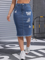 Saia Jeans Midi Justa Feminina com Estampa de Borboleta