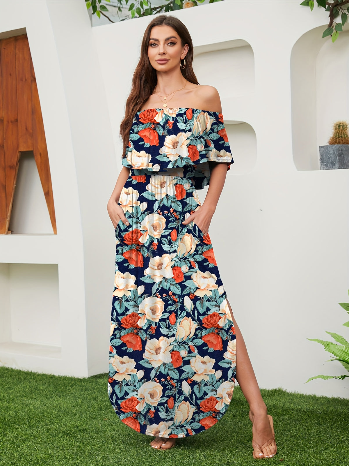 Vestido Longo Ombros de Fora com Fenda Elegante