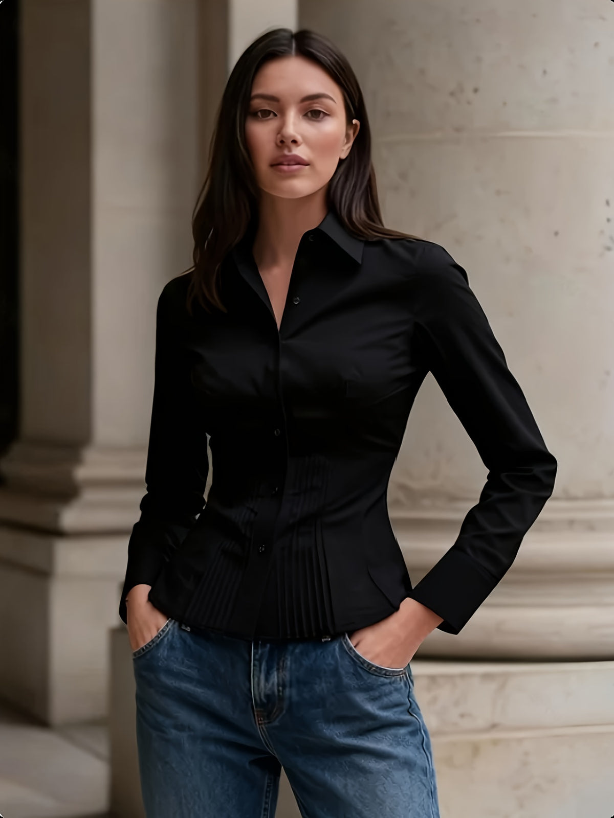 Camisa Feminina Elegante Manga Longa Ajustada com Drapeado