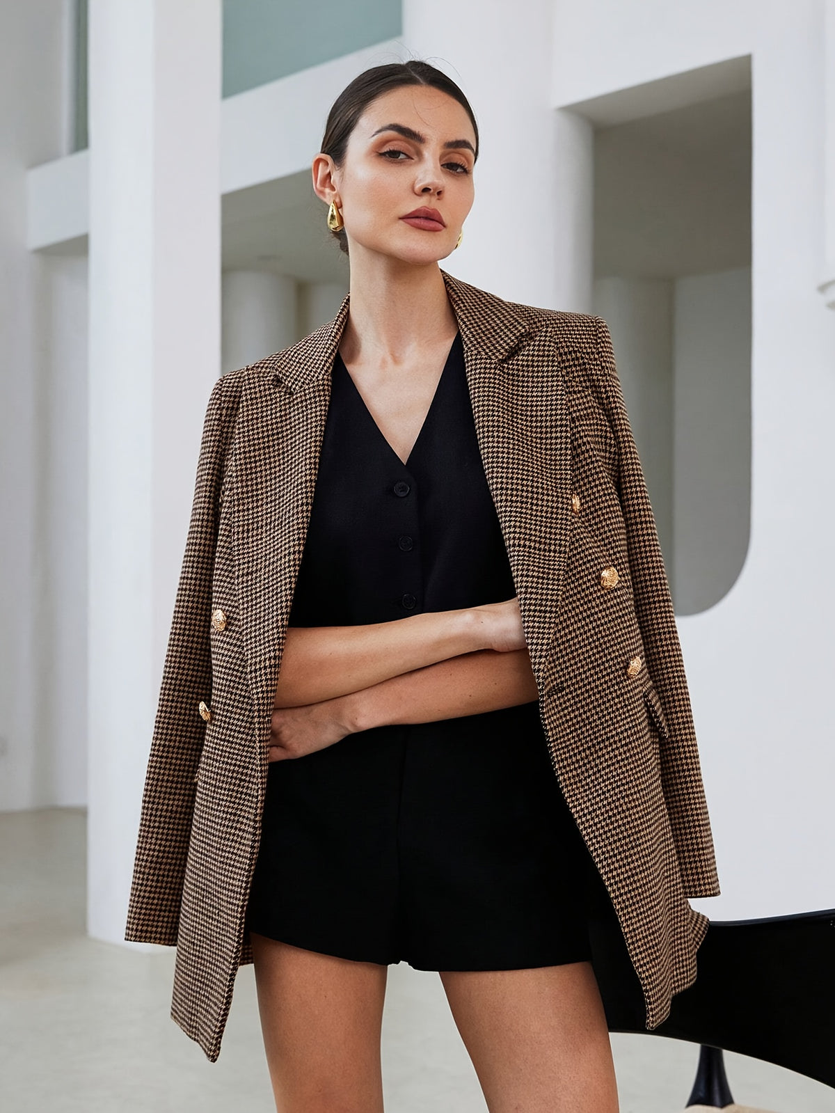 Blazer Feminino Xadrez com Abotoadura Dupla Elegante