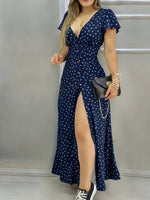 Vestido Longo Poá com Decote V Elegante e Caimento Fluido