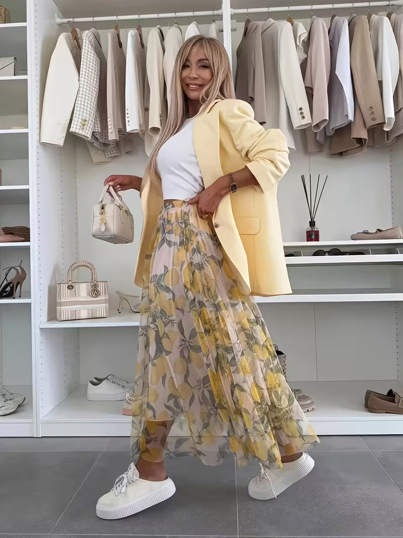 Saia Longa Floral Feminina Cintura Alta Evasê