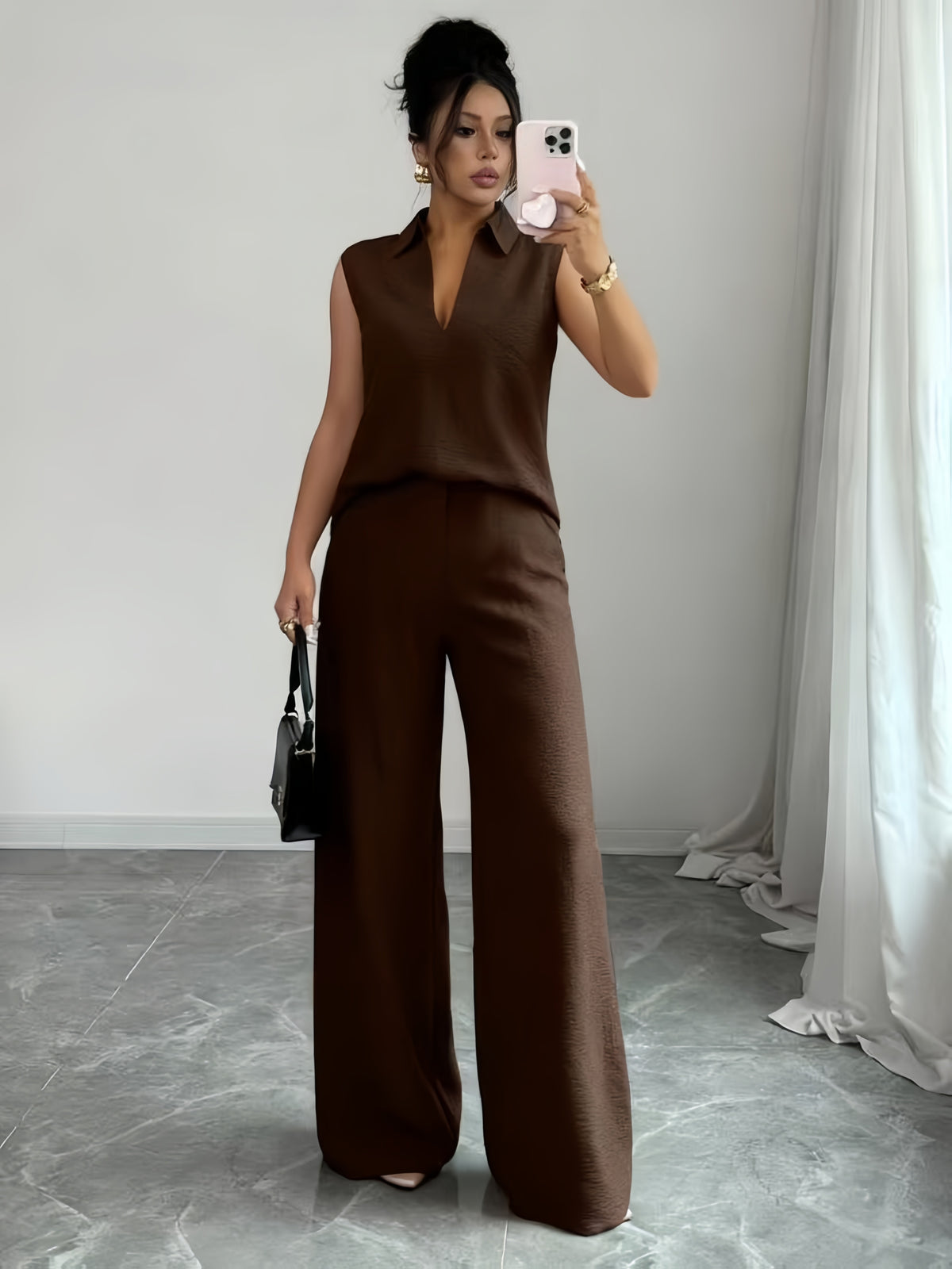 Conjunto Feminino 2 Peças em Tecido Texturizado com Calça Pantalona