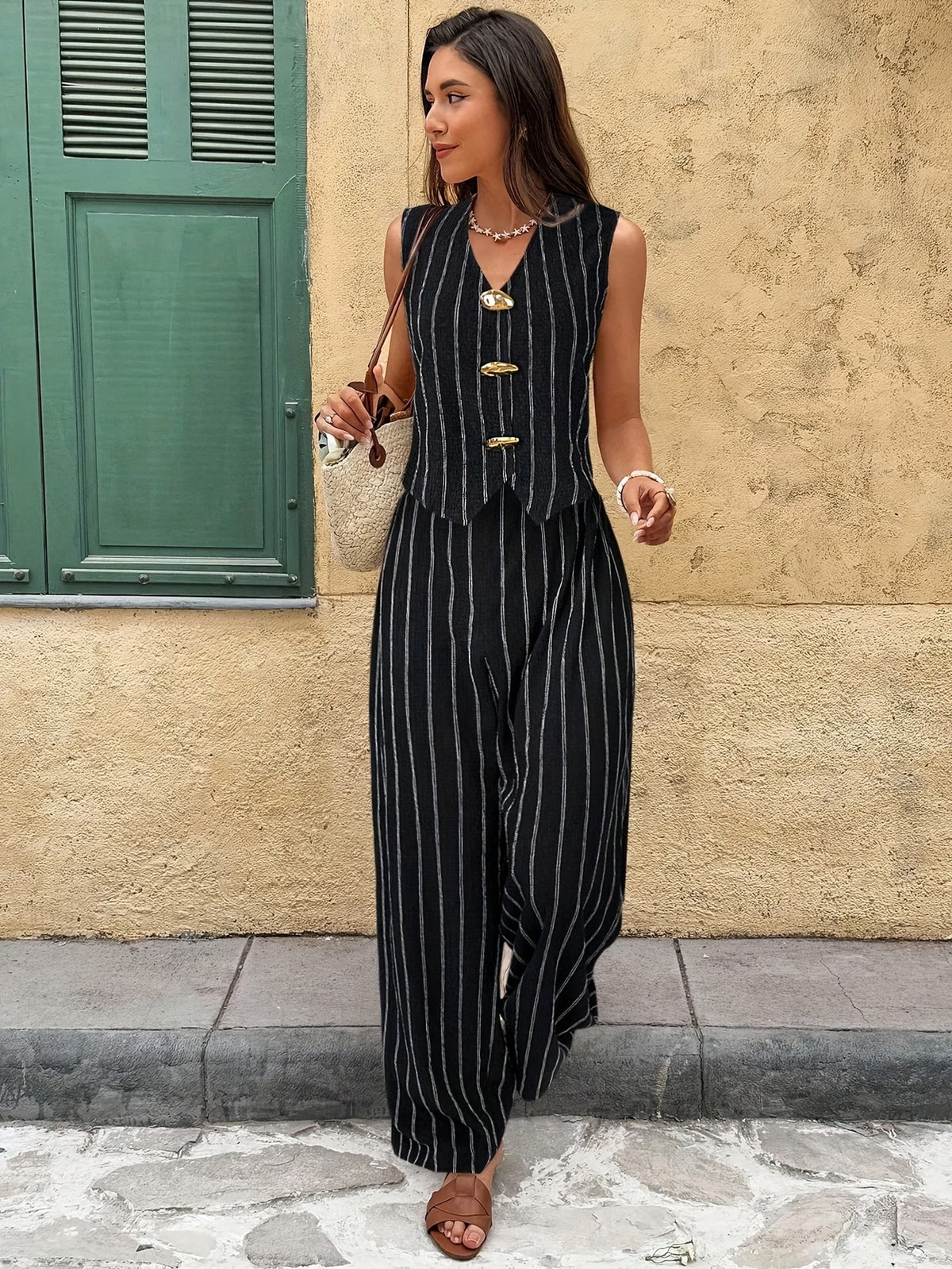 Conjunto Feminino 2 Peças Colete e Calça às Riscas