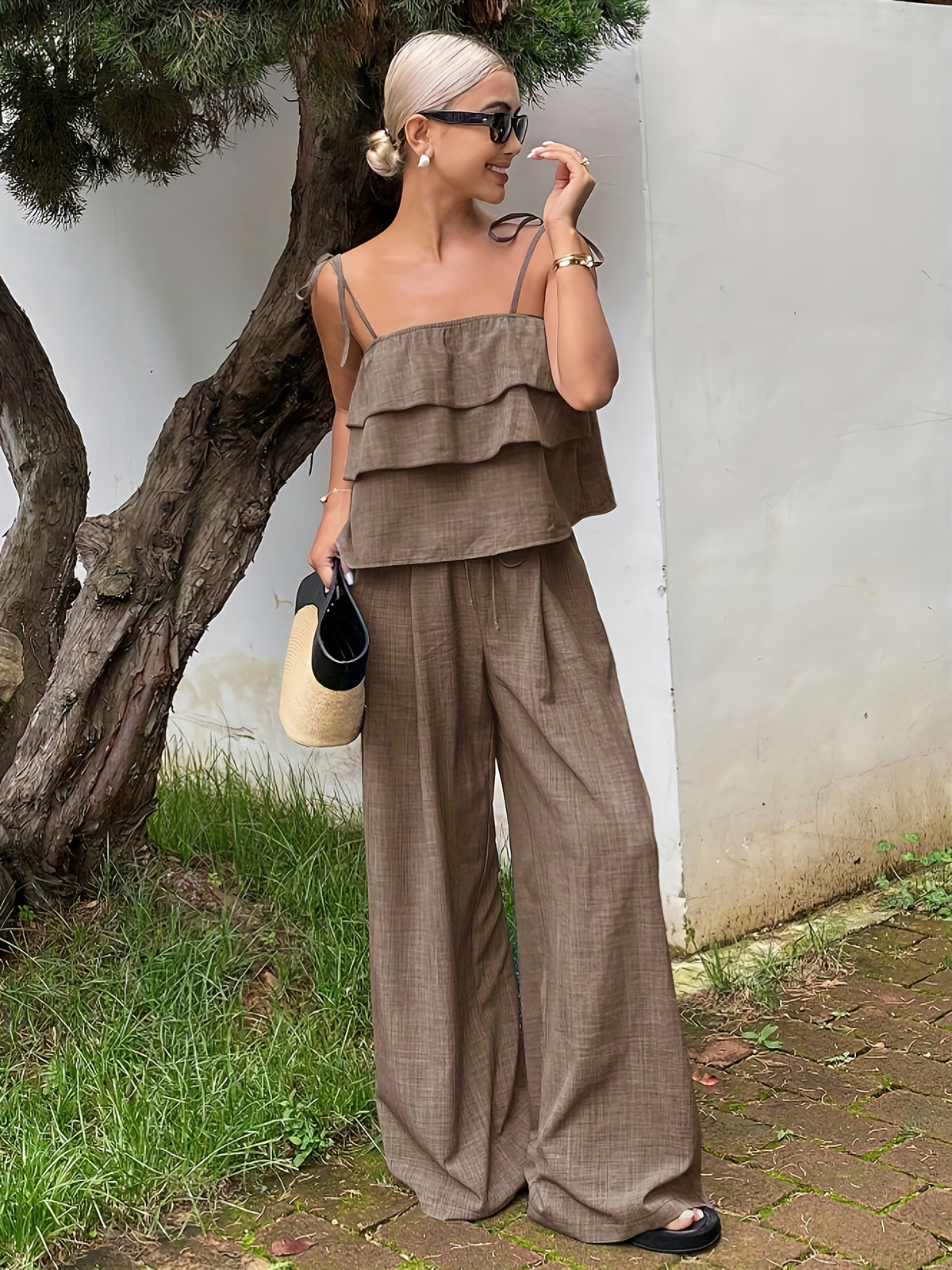Conjunto Feminino 2 Peças com Top de Alças e Calça Pantalona