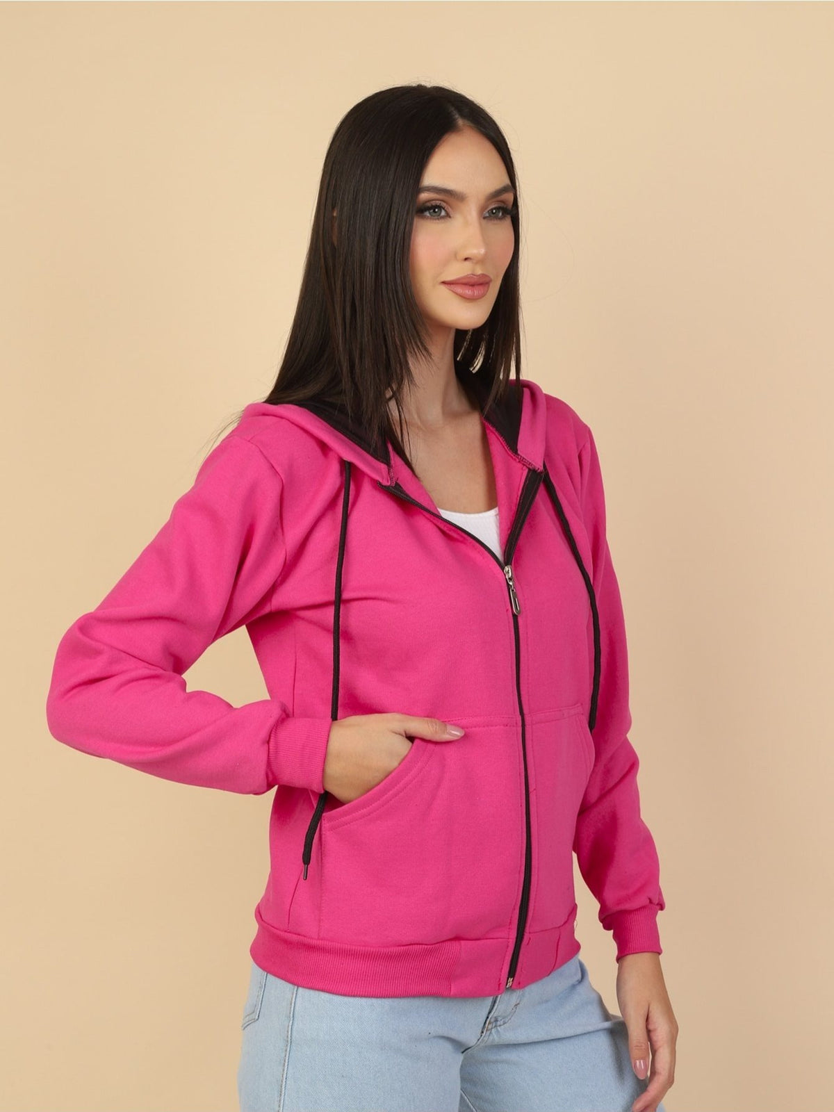 Moletom Feminino com Capuz e Zíper Casual Confortável com Bolsos