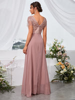 Vestido Chiffon Floral Bordado com Saia Flutuante para Festa