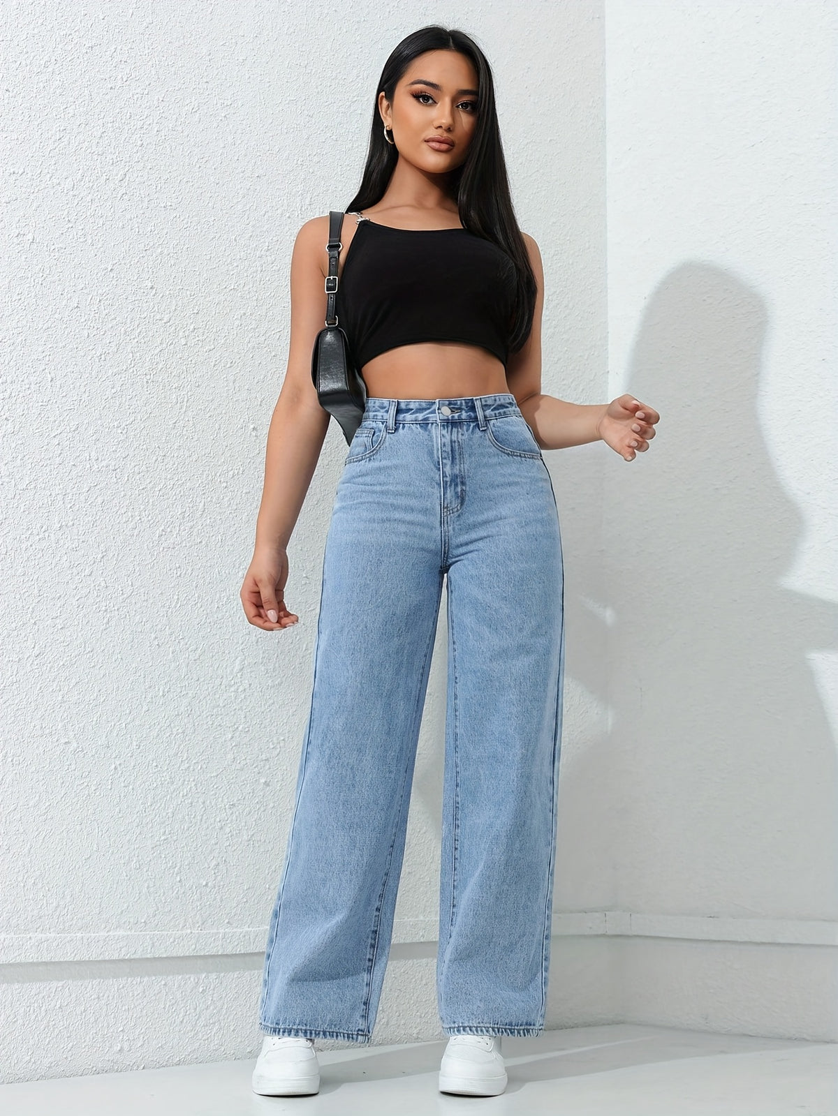 Calça Jeans Feminina Wide Leg Cintura Alta Azul Claro