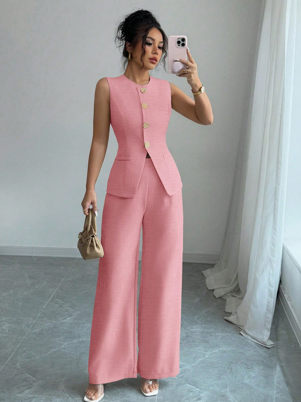 Conjunto Feminino 2 Peças Colete Acinturado e Calça Pantalona