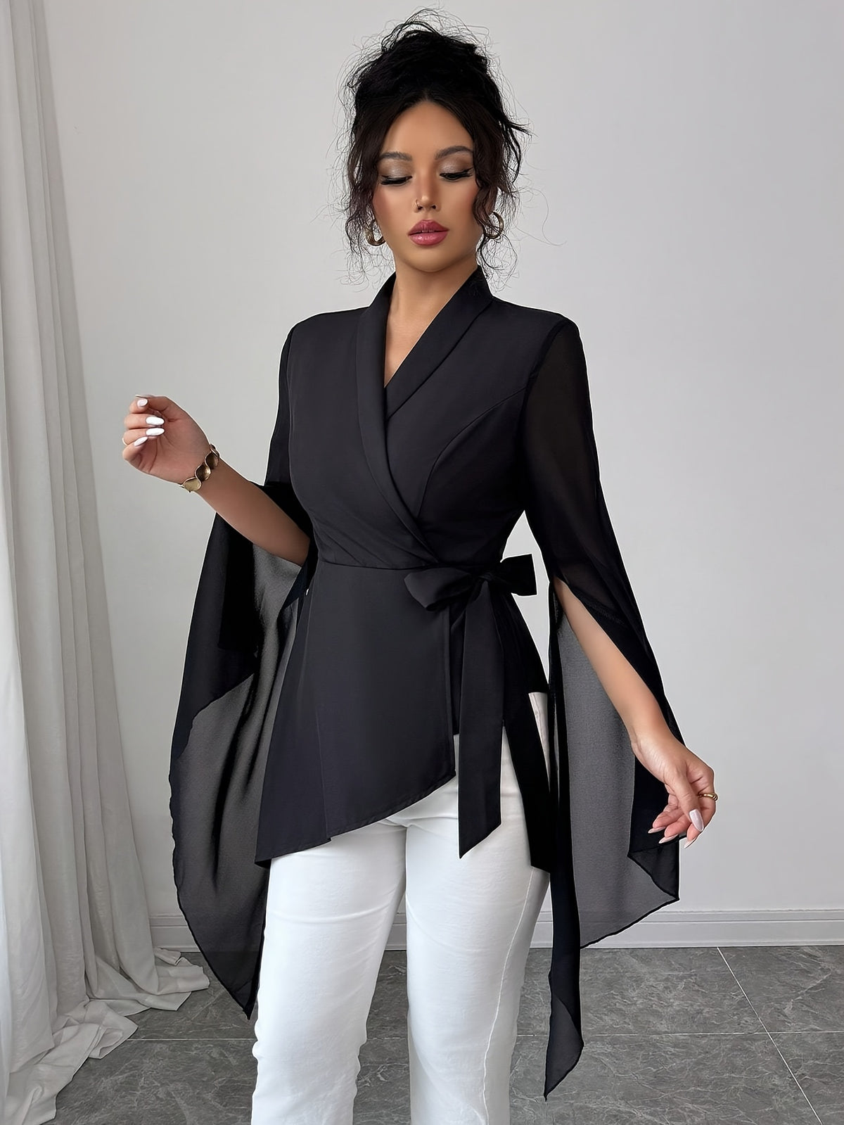 Blusa Feminina Chiffon Assimétrica Transpassada Manga Ampla Elegante