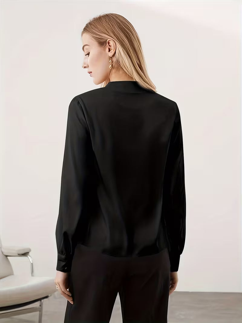 Blusa Feminina de Cetim Manga Longa Decote V Elegante