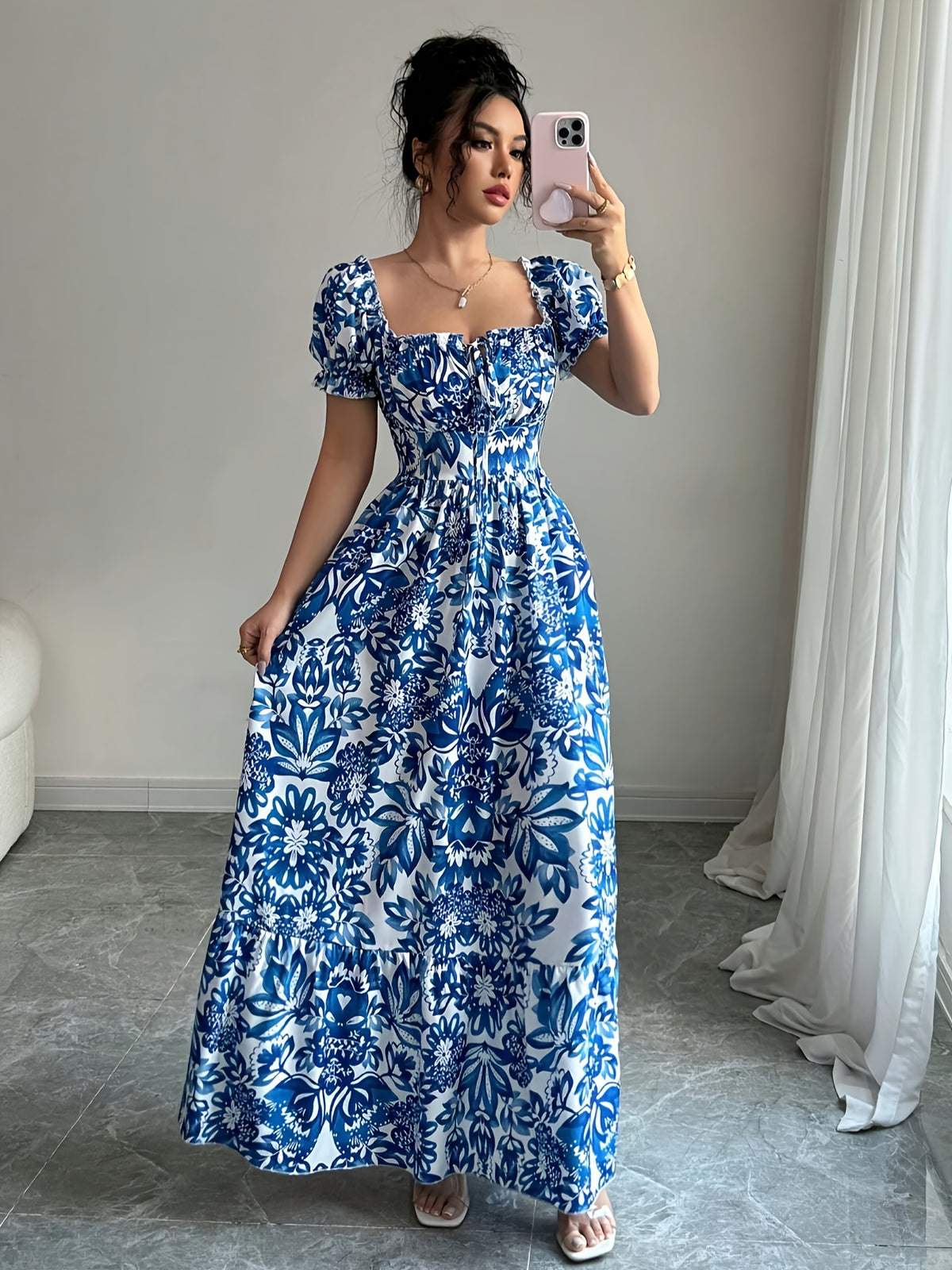 Vestido Longo Floral Manga Puff Elegante Feminino