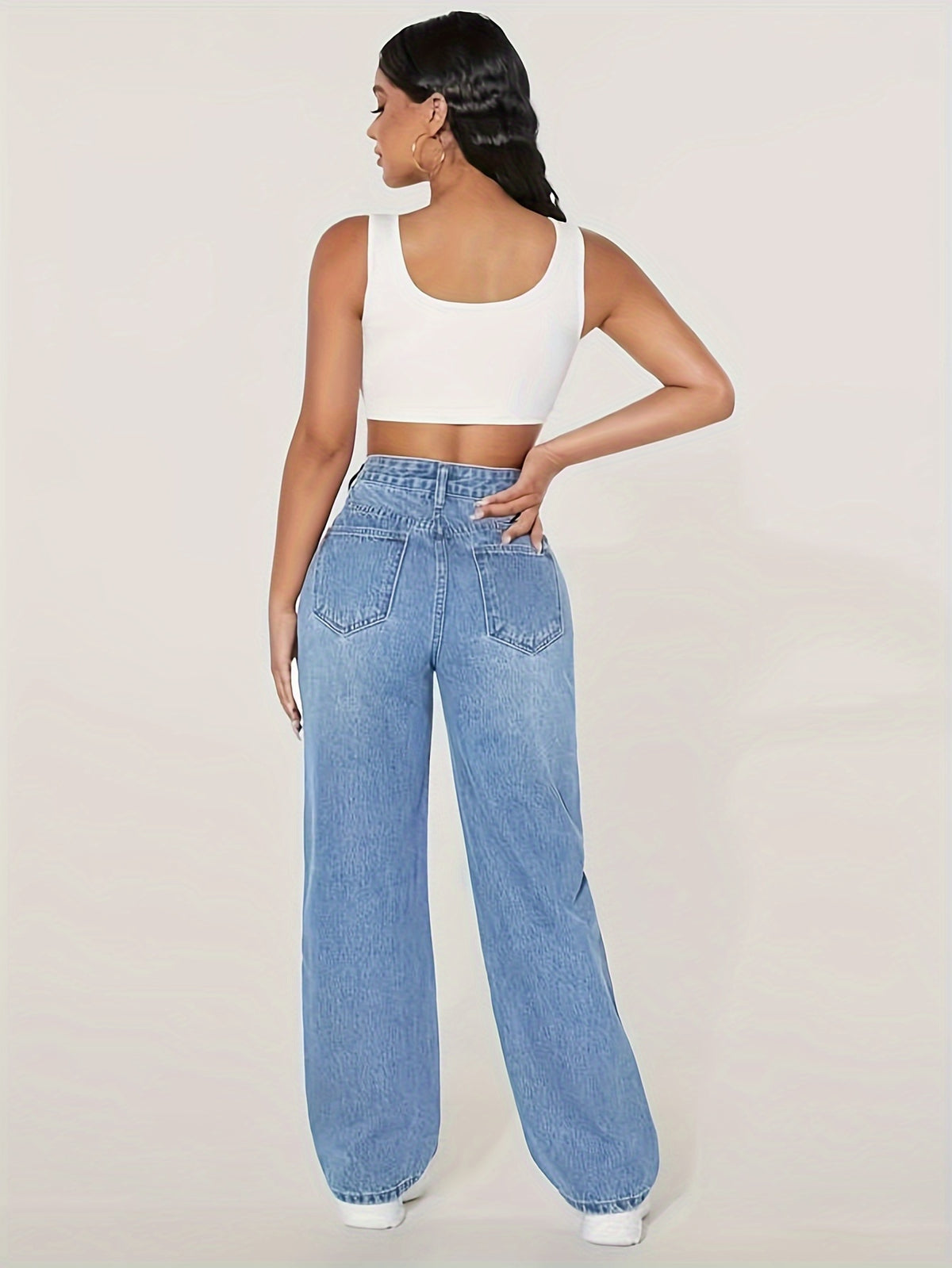 Calça Jeans Feminina Wide Leg Cintura Alta Destroyed Azul Claro
