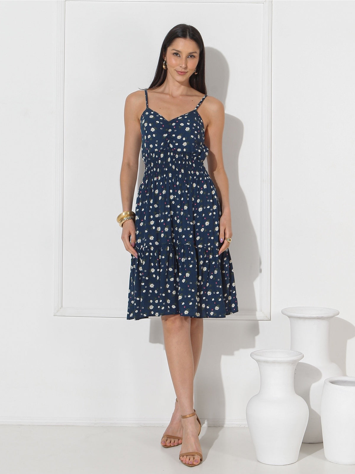 Vestido Midi Floral com Bojo e Alça Ajustável Feminino