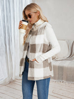 Colete Feminino Xadrez de Pelúcia com Bolsos Casual e Quentinho para o Inverno