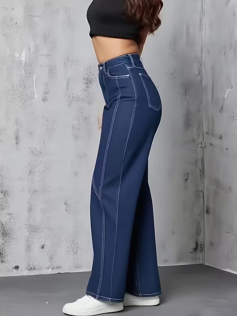 Calça Jeans Feminina Wide Leg Cintura Alta Azul Escuro