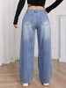 Calça Jeans Feminina Wide Leg Cintura Alta Estampa Retrô