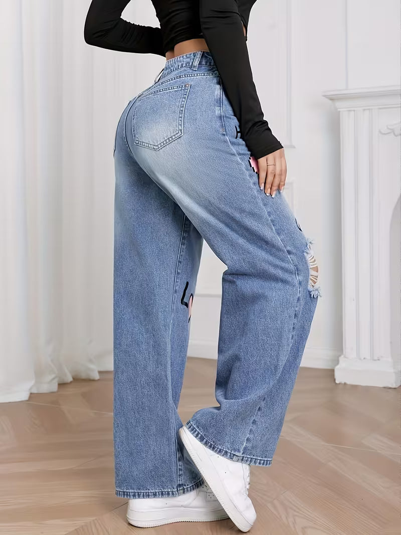 Calça Jeans Feminina Wide Leg Cintura Alta Estampa Retrô